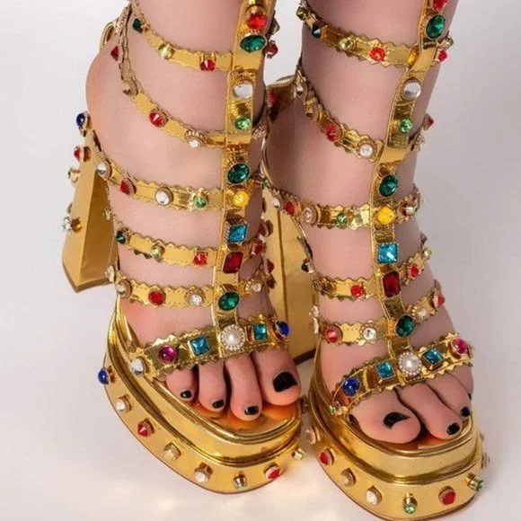 Callie Lives in Egypt Gold Highrise Gladiator Gemstone Platform Chunky Heels 10 - Picture 2 of 5
